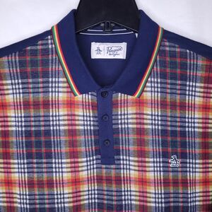 Original Penguin Polo Shirt Mens XL Tartan Plaid Navy, Red Short Sleeve
